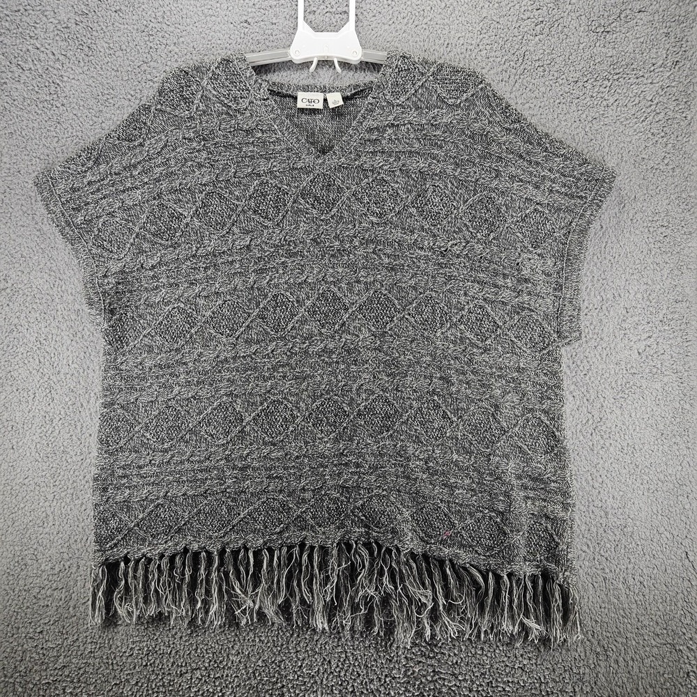 Cato Girls Gray Marled Cable Knit Fringe Poncho Sweater V-Neck Large